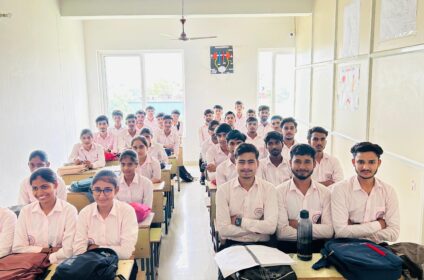 Students studying attentively in a classroom at Shree Shyam Paramedical College, Jaipur.