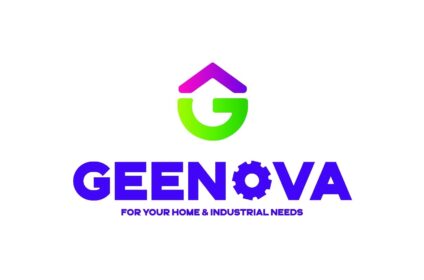 GEENOVA logo design by Gee Enterprises – vibrant green and purple logo featuring a stylized ‘G’ with a roof icon and gear element, representing home and industrial products and solutions.
