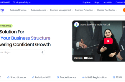 Screenshot of Lawfinity website homepage showing business solutions, service search bar, promotional video, and navigation menu with a "Book Appointment" button
