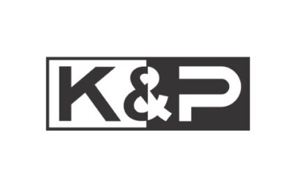 Logo with the letters "K & P" split into two halves. The left half has a white background with black "K" and part of "&", while the right half has a black background with white "P" and the other half of "&". The ampersand connects both sides, symbolizing unity or partnership.