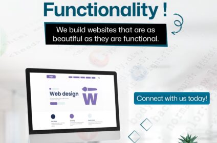 Webszet web development banner showing modern website design on a desktop screen with the tagline Where Design Meets Functionality and a call to connect, highlighting professional web development services in Bhubaneswar.