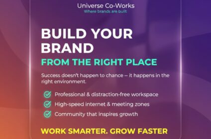 Promotional poster of Universe Co-works highlighting coworking space in Trichy with high-speed internet, professional workspace, and startup-friendly environment.