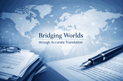 Corporate cover image with a blue world map background, official documents, a fountain pen, and the text Bridging Worlds through Accurate Translation.