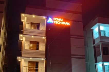 Covai Tech Park building exterior at night with illuminated signboard in Coimbatore