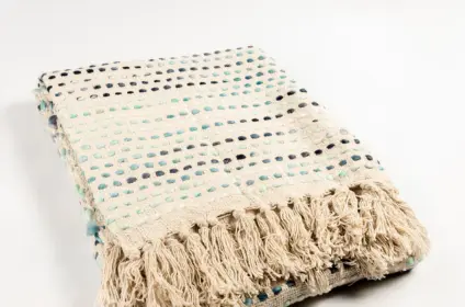 Soft Cotton Throw, Beige with Turquoise Dots