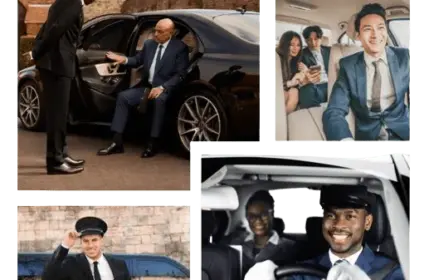 Collage of chauffeurs driving and assisting passengers in luxury cars.