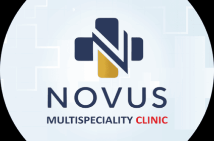 Novus Multispeciality Clinic logo featuring a stylized blue and gold "N" symbol with clinic branding.
