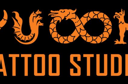 Vyuooha Tattoo Studio logo with orange tattoo-inspired artwork