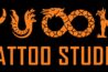 Vyuooha Tattoo Studio logo with orange tattoo-inspired artwork