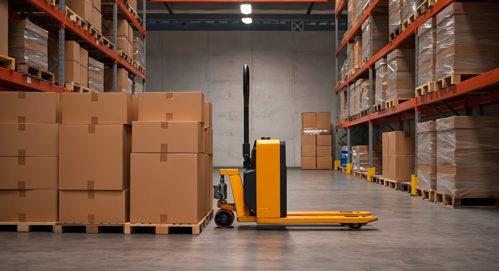 Warehouse storage facility with cardboard boxes, pallets, shelving, and electric pallet jack